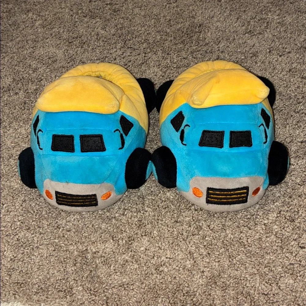 Plush Blue & Yellow Toy Truck Slippers size 11-12 Kids Soft Vehicle house shoes